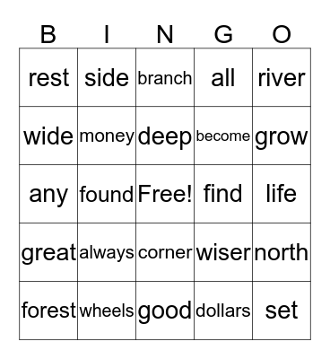 Word Bingo  Bingo Card