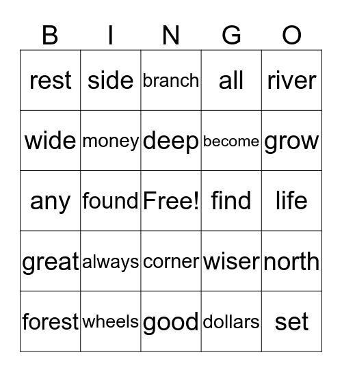 Word Bingo  Bingo Card