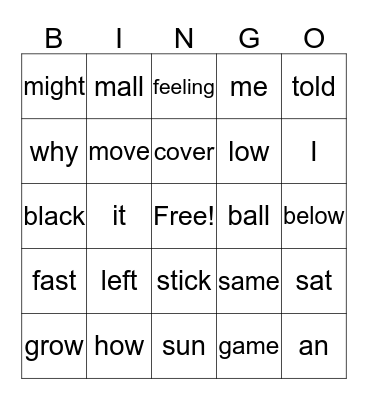 Word Bingo  Bingo Card