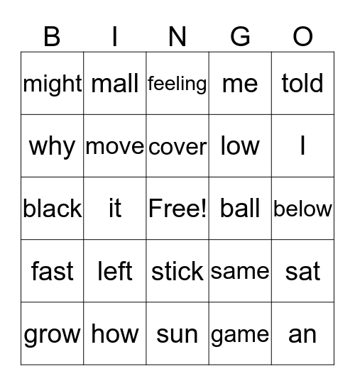 Word Bingo  Bingo Card