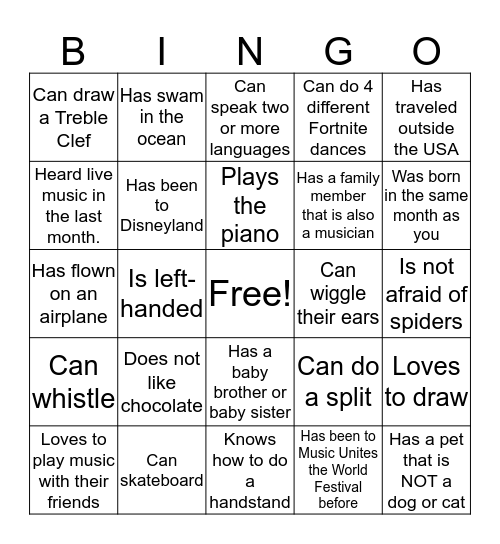 Music Unites the World Get-To-Know-You Scavenger Hunt Bingo Card