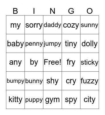Y as a Vowel Bingo Card