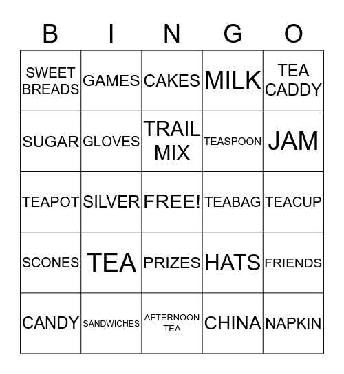 Afternoon Tea Bingo Card