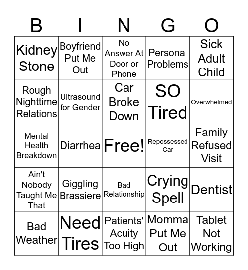 Nurse's Excuse Bingo Card