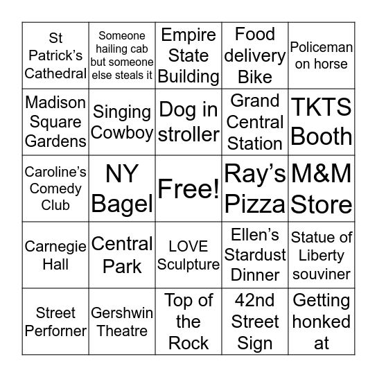 New York City Bingo Card