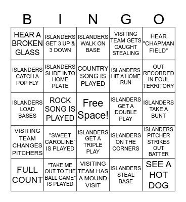 Islanders Baseball Bingo Card