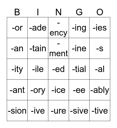 Word Endings Bingo Card