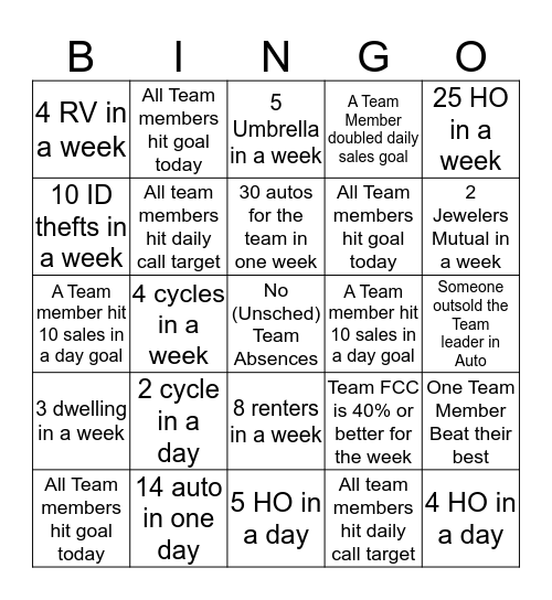 Team Bingo Card
