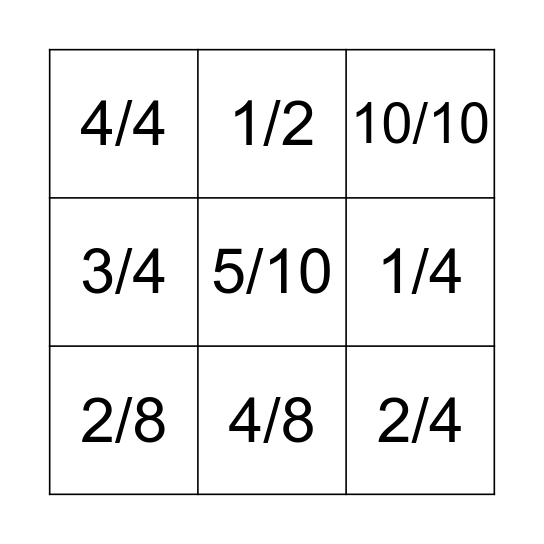 Fraction Bingo Card