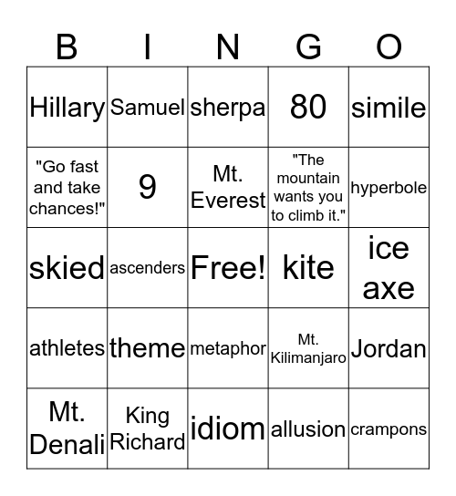 No Summit Out of Sight Bingo Card