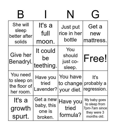 Sleep Advice  Bingo Card