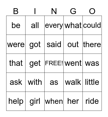 Sight  Words Bingo Card