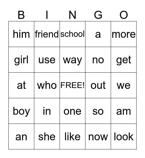 Sight Word Bingo Card