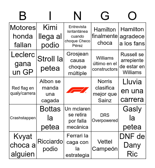 F1 2019 Bingo Card