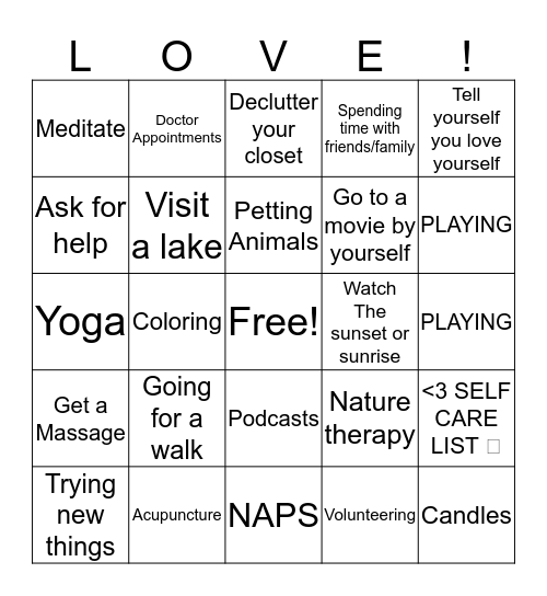 Self Care Equals Bingo Card