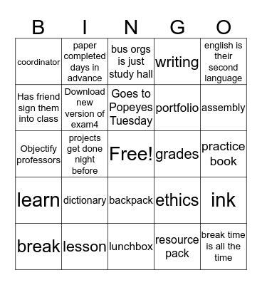 School Bingo Card