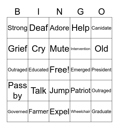 Vocabulary Bingo Card