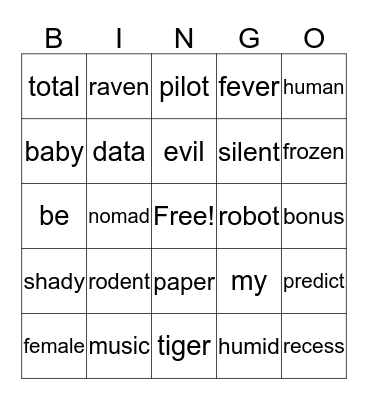 Open Syllables Bingo Card