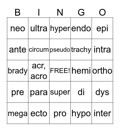 Prefix Bingo Card