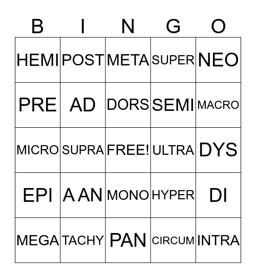 Prefix Bingo Card