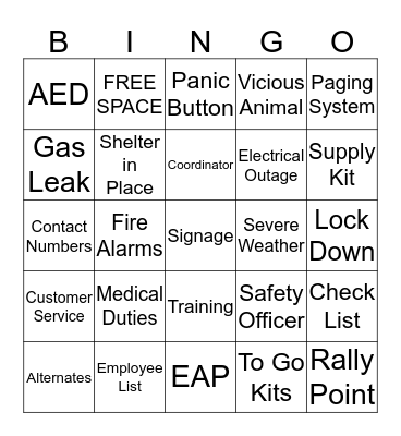 Emergency Action Plan Bingo Card