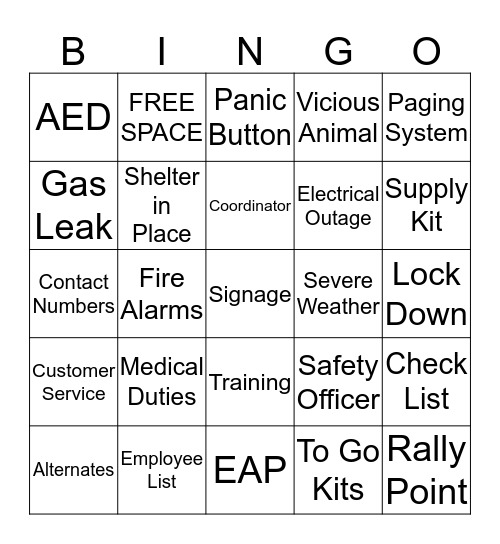 Emergency Action Plan Bingo Card