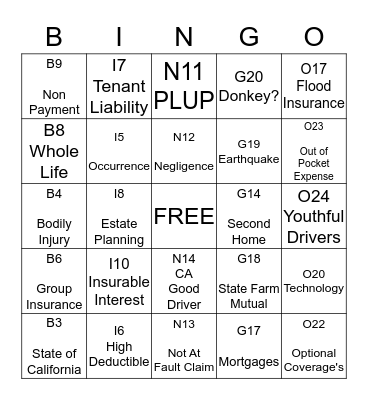 INSURANCE BINGO!  Bingo Card