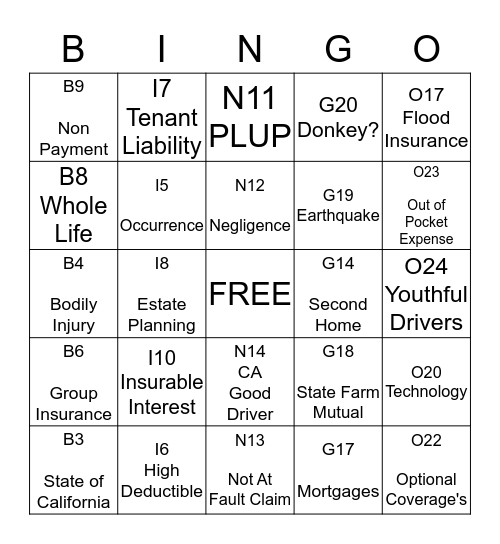 INSURANCE BINGO!  Bingo Card