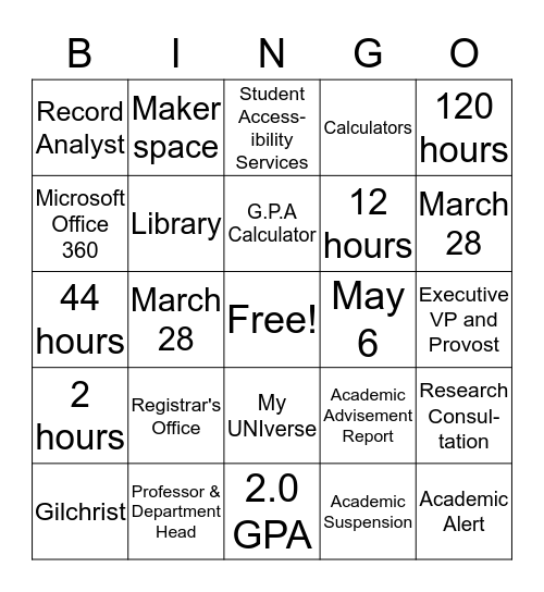 Academic Bingo Card