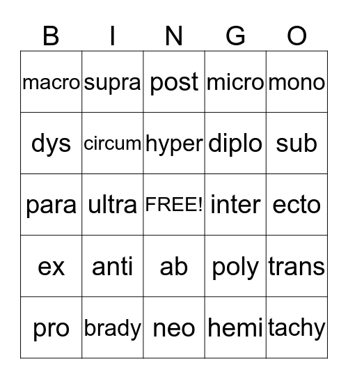 Prefix Bingo  Bingo Card