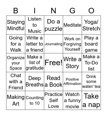 Coping Skills Bingo  Bingo Card