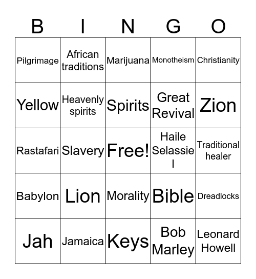 Rastafarianism and Revivalism Bingo Card