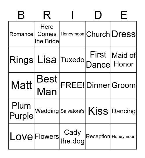 Lisa's Bridal Bingo Card