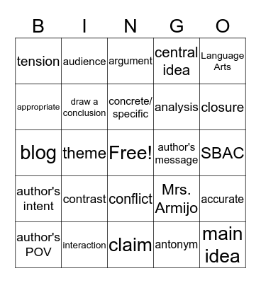 SBAC Vocabulary Week 1 Bingo Card