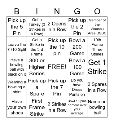 Wausau Area Youth City Tournament Bingo Card