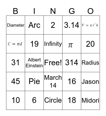 Pi Day Bingo Card