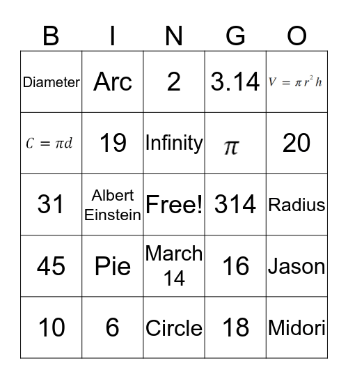 Pi Day Bingo Card