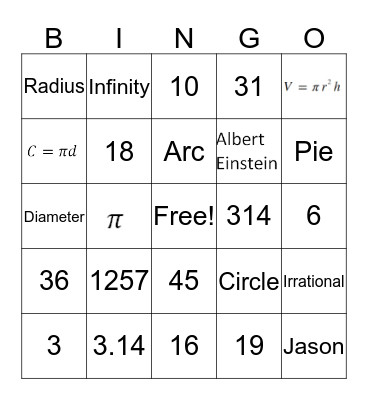 Pi Day Bingo Card