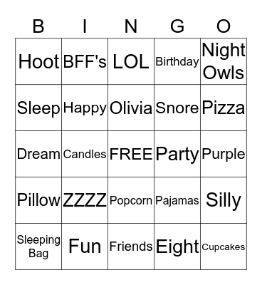 Olivia's Birthday Bingo Card