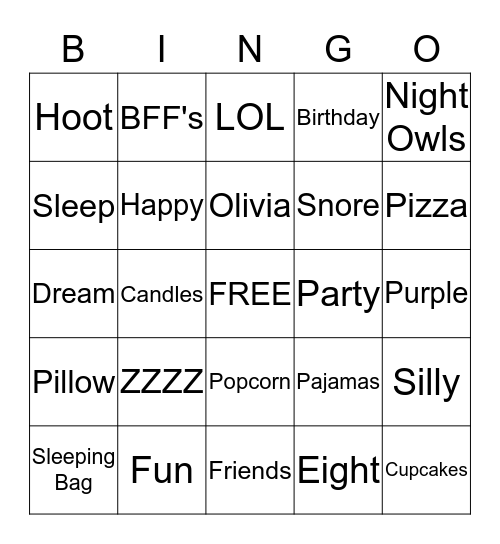 Olivia's Birthday Bingo Card