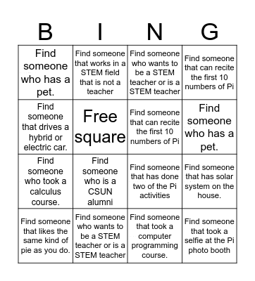 Pi Day Bingo Card