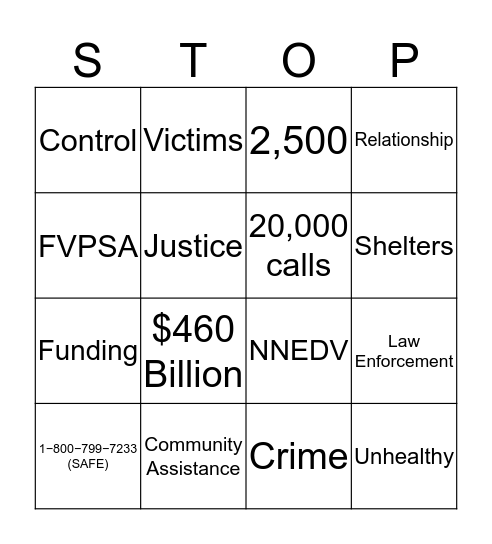 Domestic Violence Bingo Card