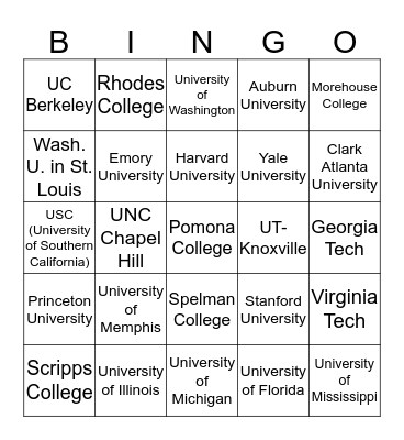College Bingo Card