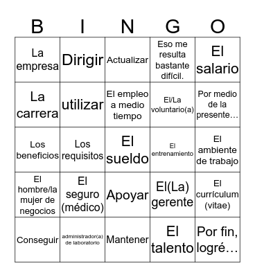 Spanish 3 Quarter 3 Topic 3 (Earning a Living) Bingo Card