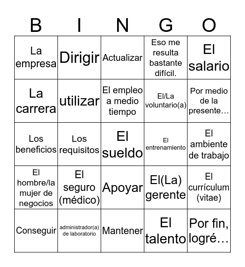 Spanish 3 Quarter 3 Topic 3 (Earning a Living) Bingo Card