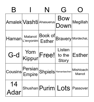 Purim Bingo Card