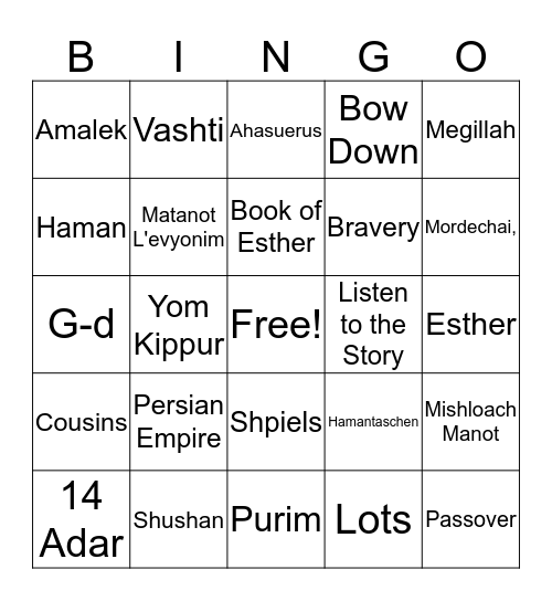 Purim Bingo Card