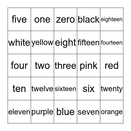 Number & Color Word Bingo Card