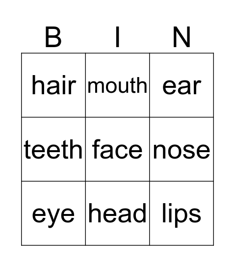 face parts Bingo Card