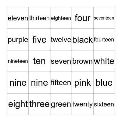 Number & Color Word Bingo Card